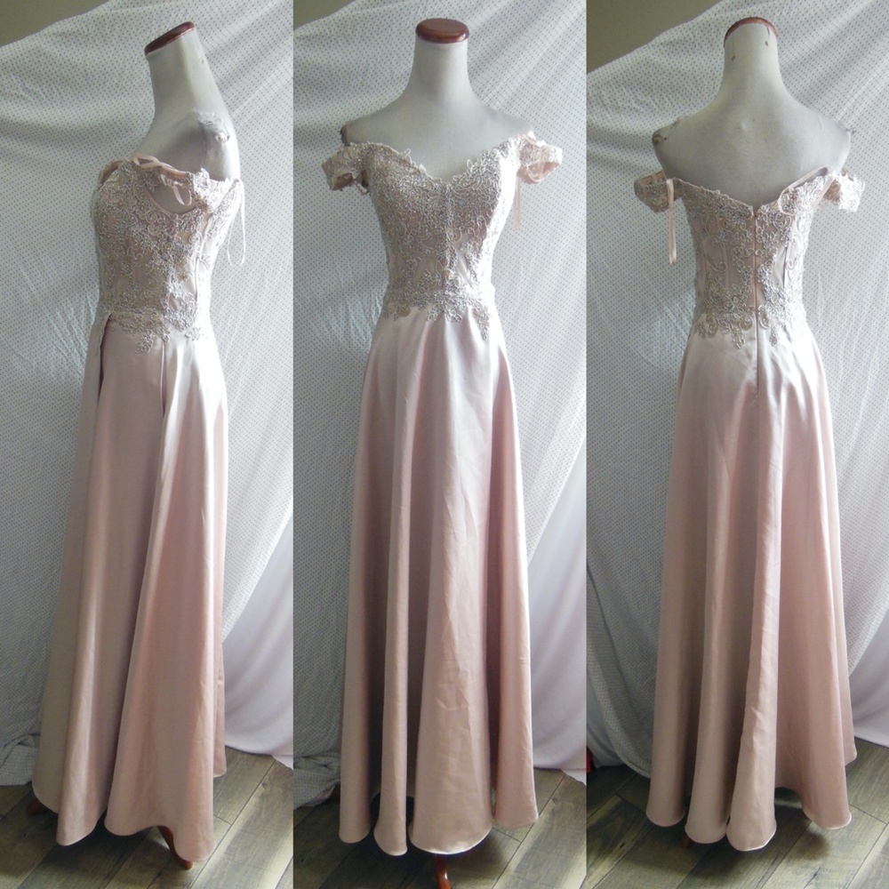 NEW XSCAPE Blush TAUPE OFF THE SHOULDER Embroidered BODICE Mesh EVENING GOWN 2
